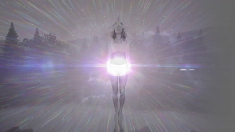 animación de una mujer practicando yoga con una luz blanca brillante moviéndose en primer plano