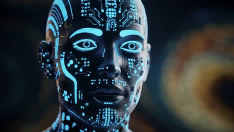 a futuristic cybernetic being: exploring the enigmatic features and complex design of a highly advanced robotic face captured in stunning detail