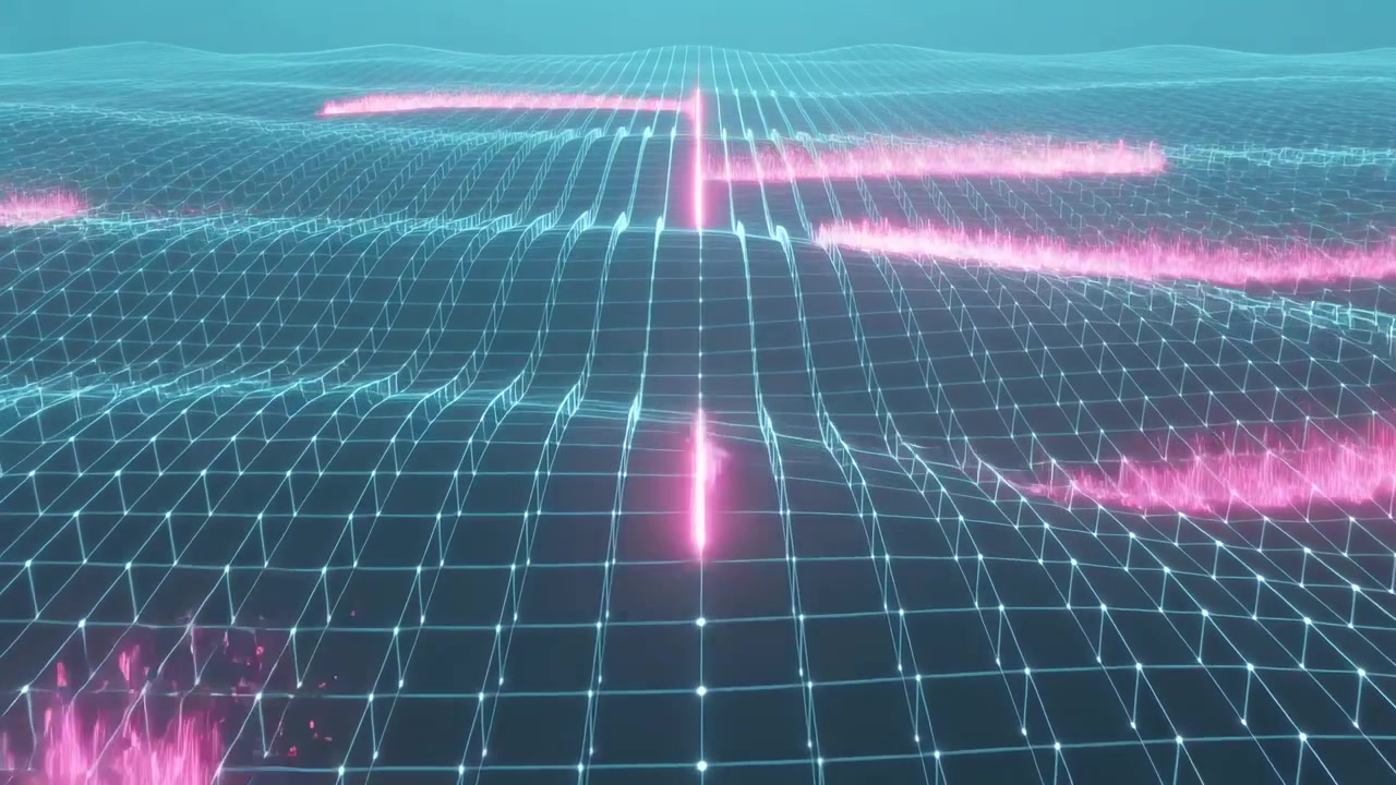 Reacting to glow, teal grid on cyber plane forming rising pink bands and pillar displaying data