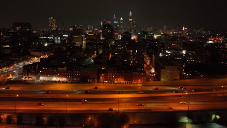 Aerial-truck-shot-of-traffic-at-night-on-highway