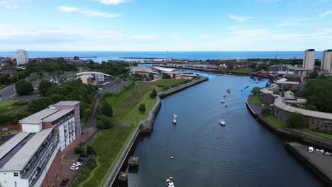 aerial high angle of river wear in city of sunderland leading to north sea