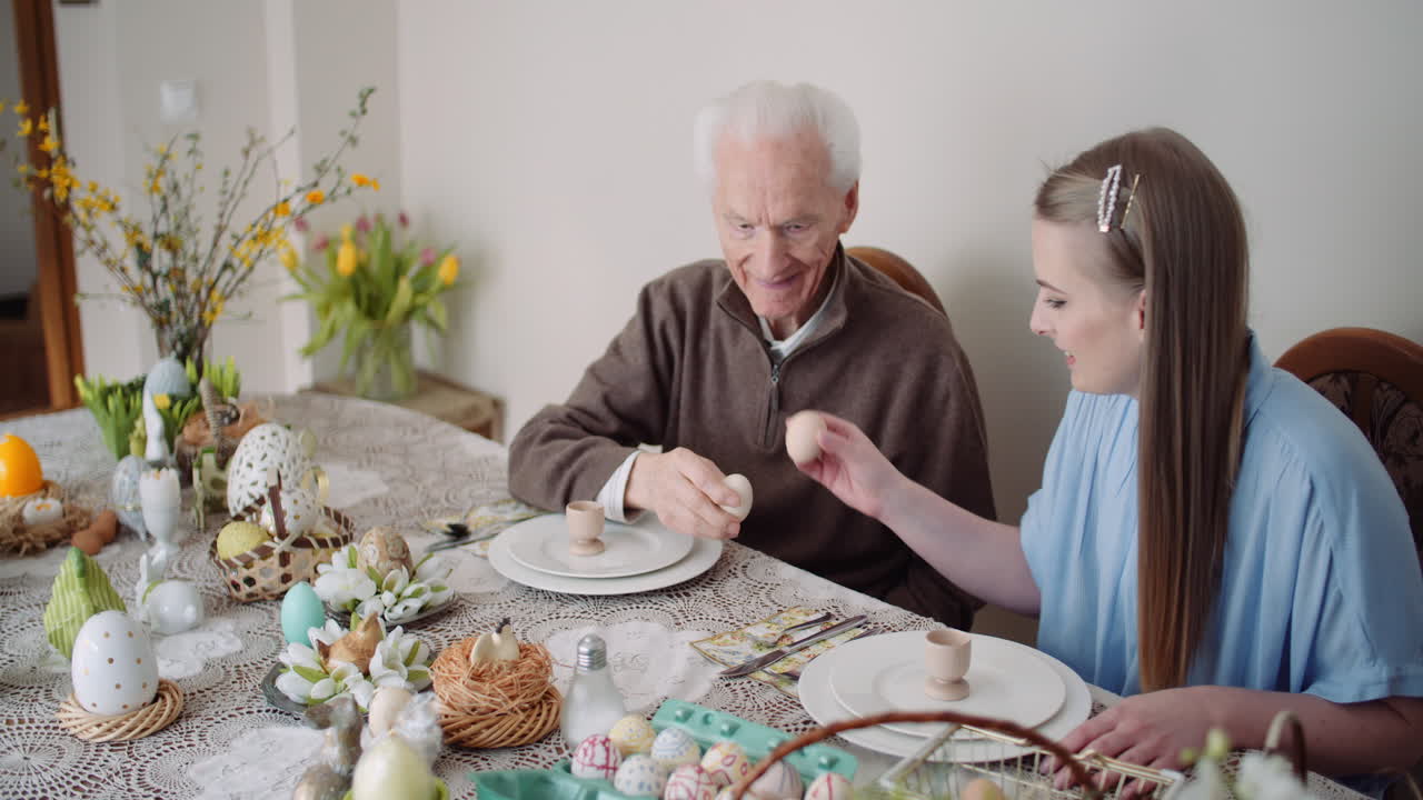 Happy Easter Grandfather And Granddaughter Spending Easter Together At Home 5