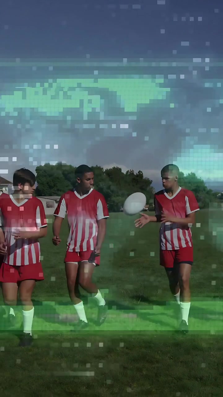 Vertical video: Male players walking on training pitch, ball shifting and green glitch overlaying