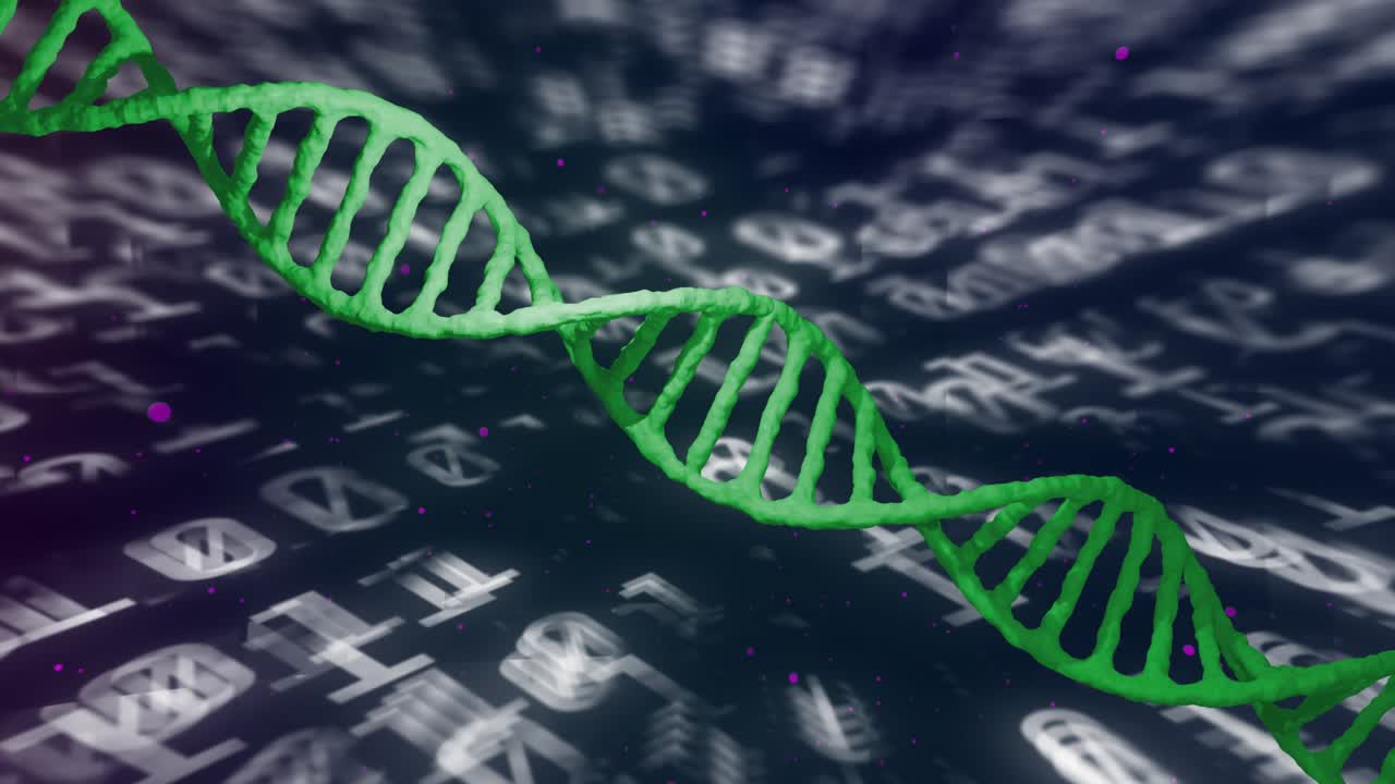 Green DNA double helix stretching across digital backdrop, showing binary digits and magenta specks