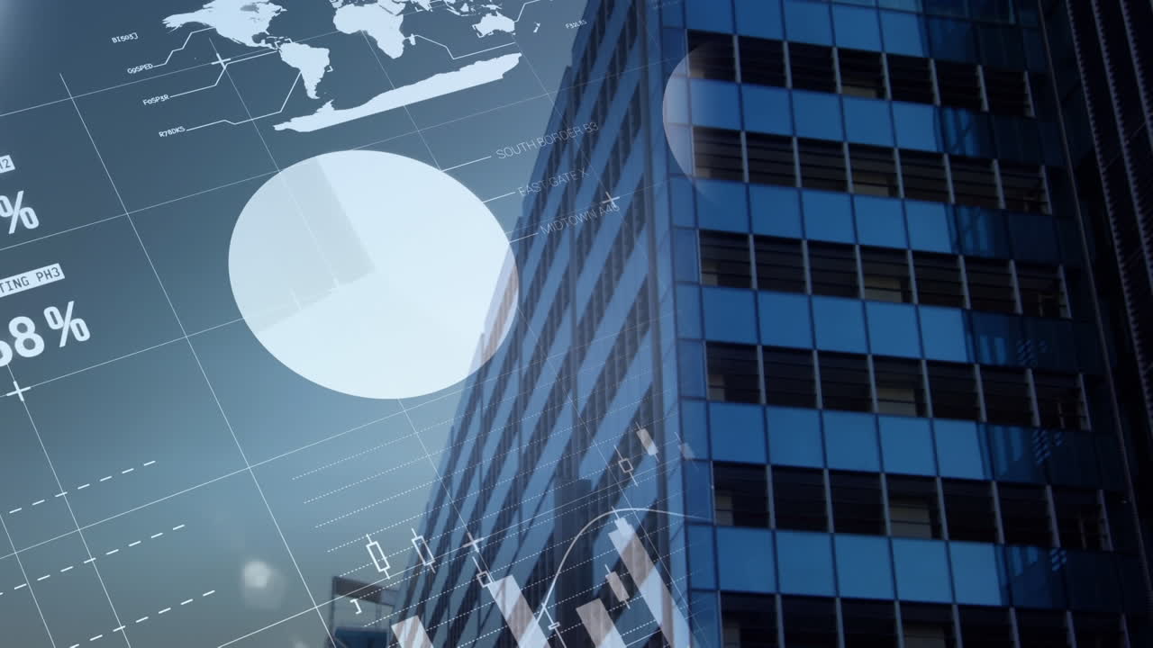 Statistical and financial data processing against tall building in background