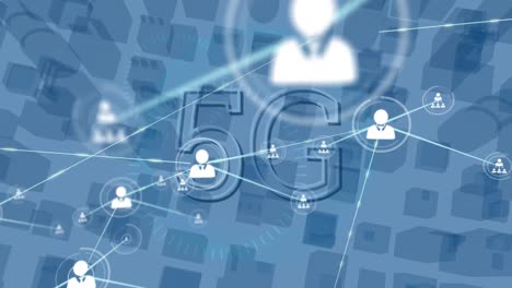 Animation-Des-Verbindungsnetzwerks-Mit-Symbolen-über-5g-Text-Und-Digitaler-Stadt-Auf-Weißem-Hintergrund