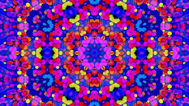 Simmetria stellare. Effetto caleidoscopio da una superficie liquida ondulata e lucida con cerchi distorti che fluttuano come gocce di vernice nell'olio. Sfondo creativo con gradiente multicolore in 4K. 3D.