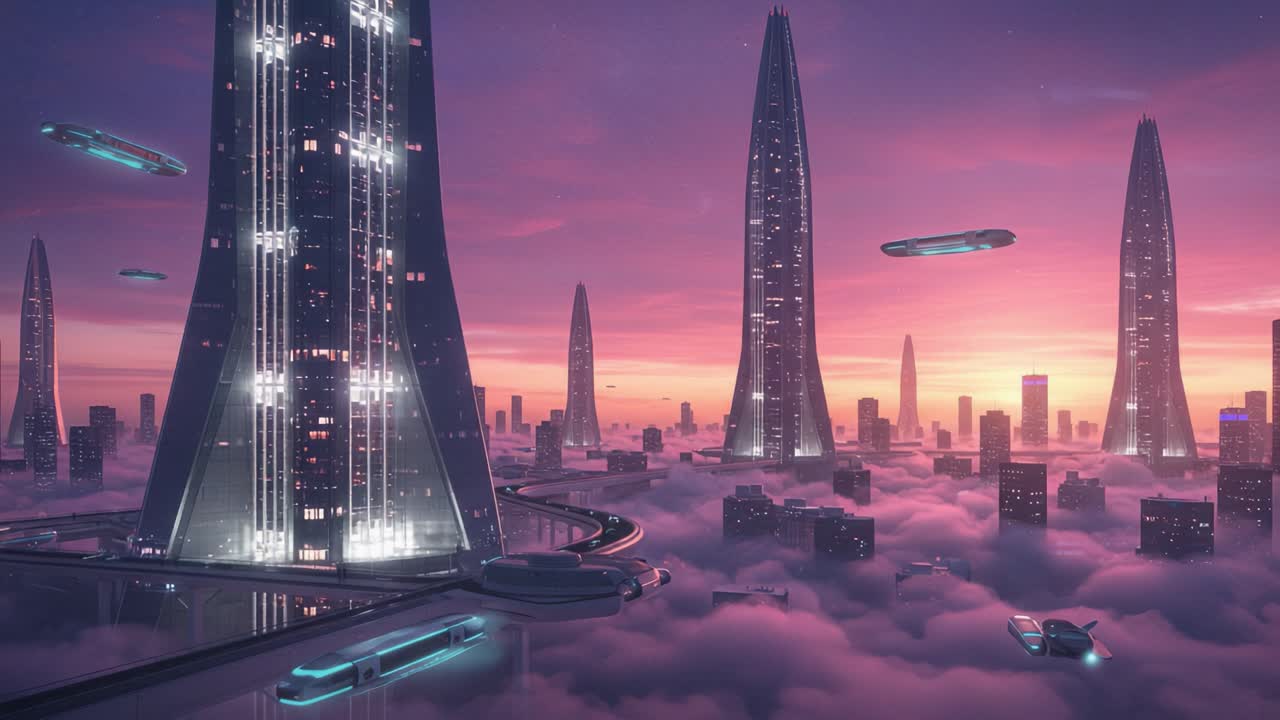 A Serene Futuristic Cityscape: Hovering Vehicles and Towering Skyscrapers Rise Above Ethereal Clouds Under a Beautifully Gradient Sunset