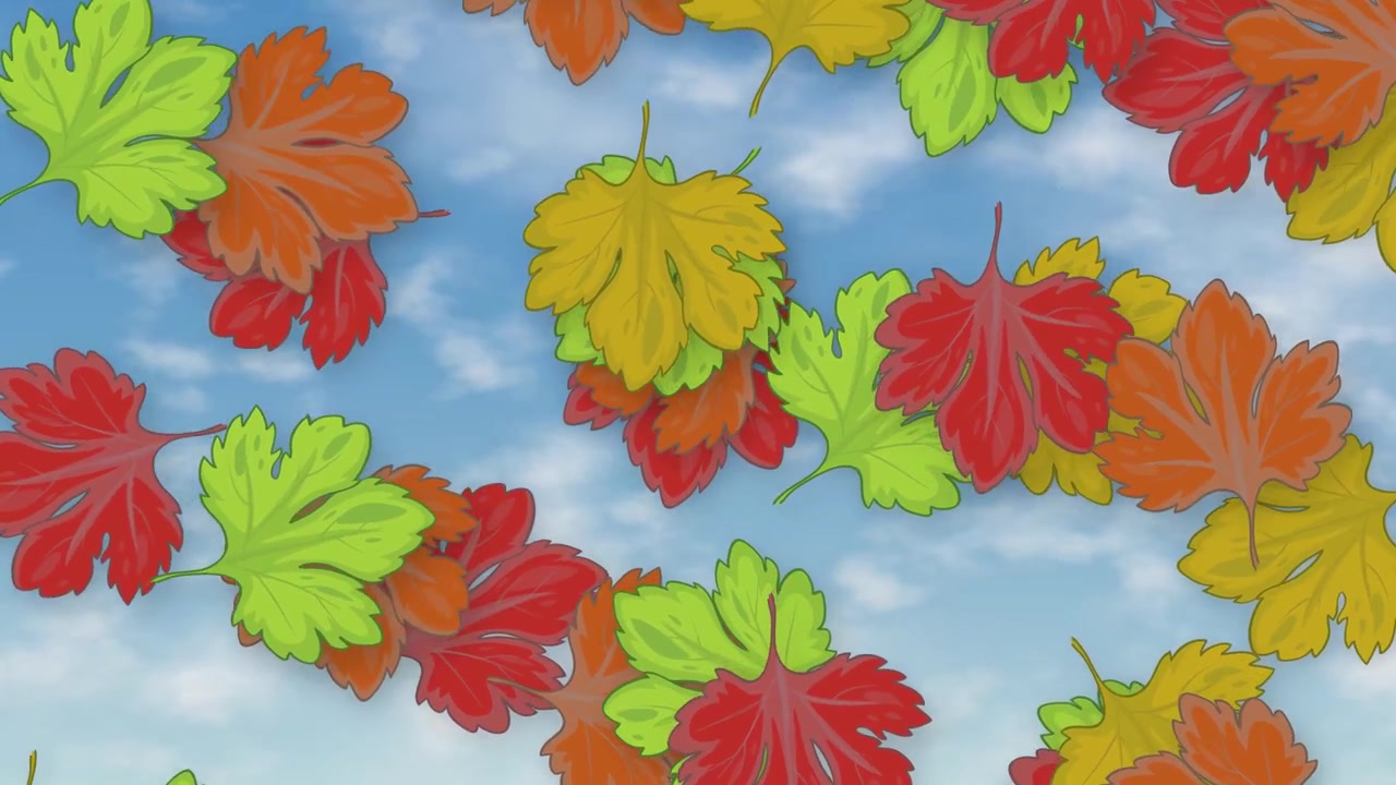 Stylized red, orange, and green leaves drift downward across a bright blue cloudy sky.