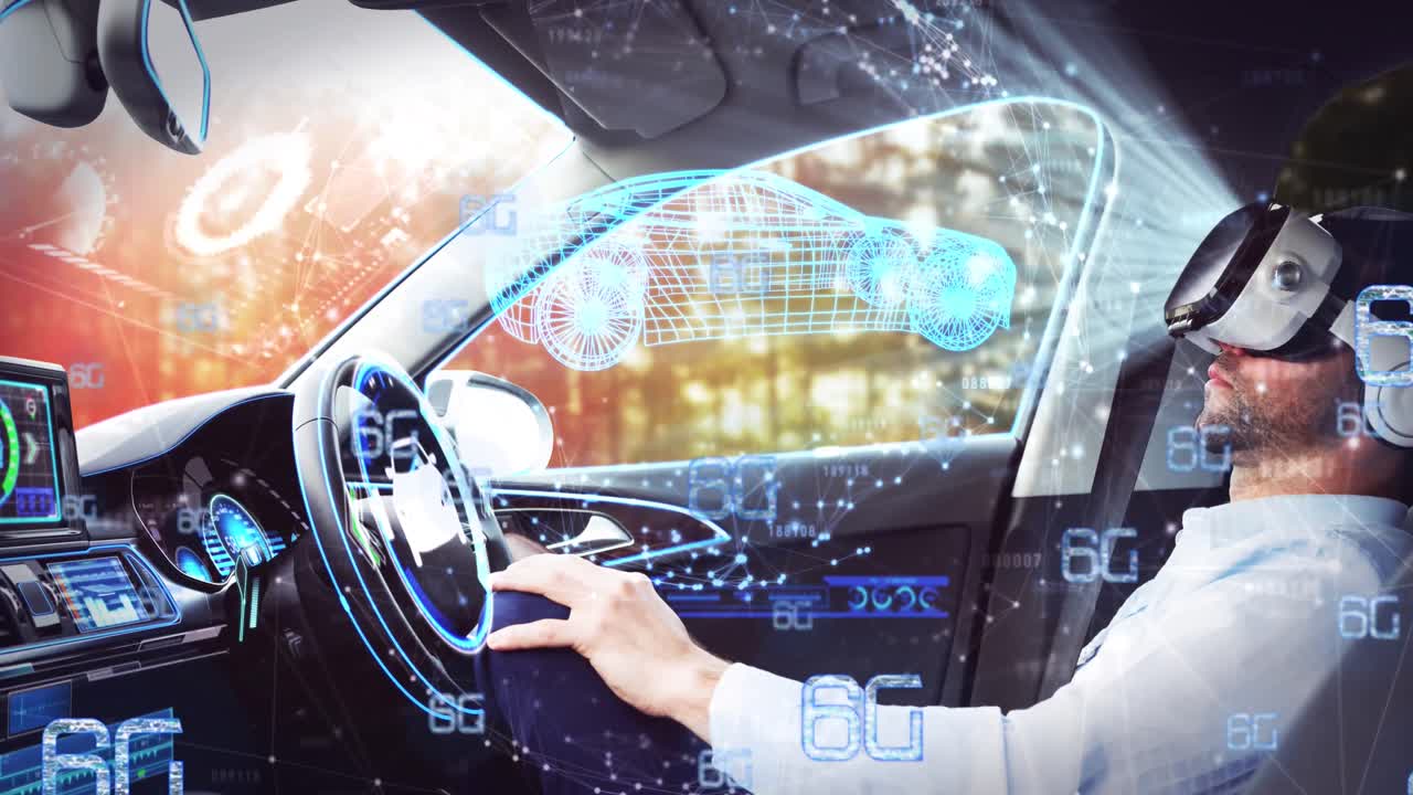 vr 헤드 ⁇ 을 사용하는 백인 남성의 디지털 인터페이스와 3d 자동차의 비디오