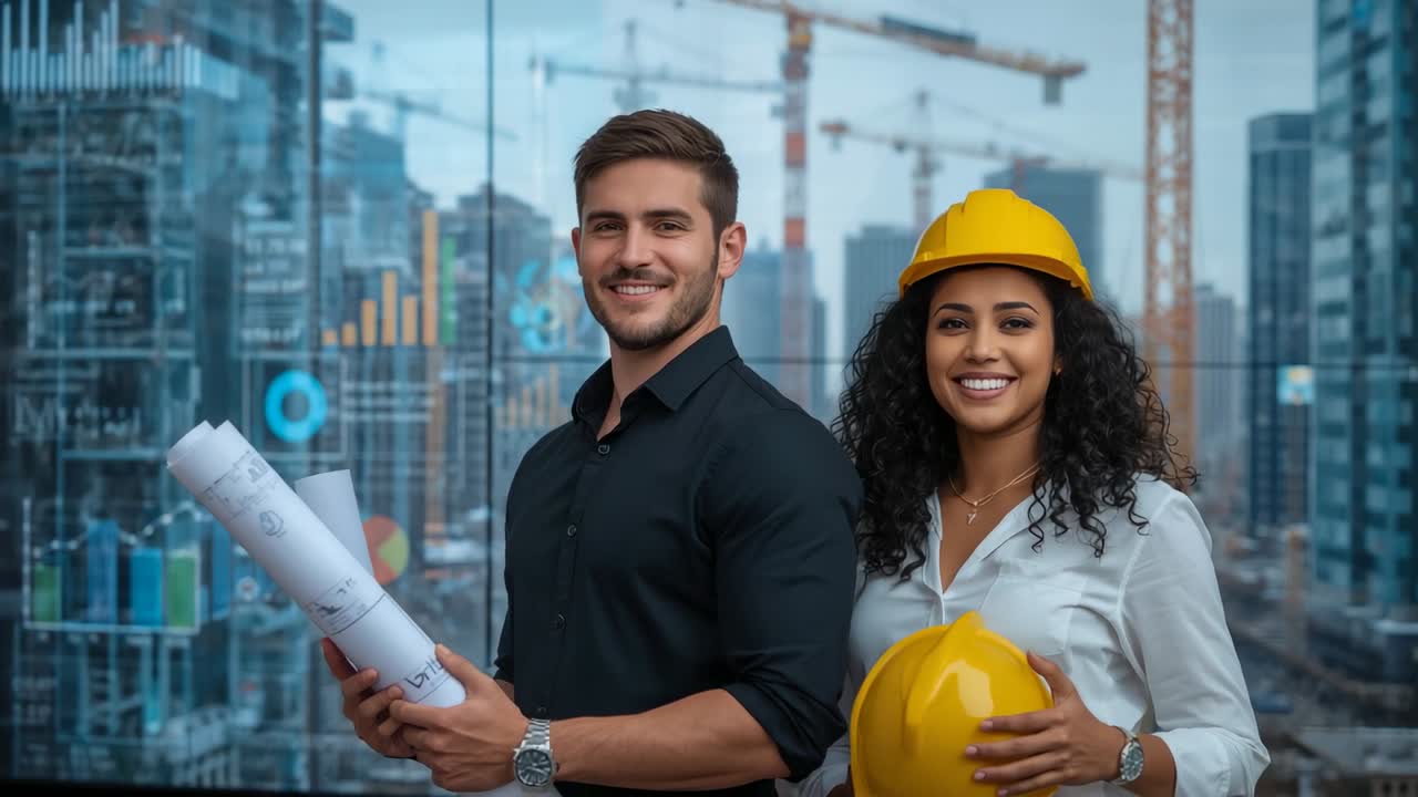 Showing architect and engineer holding plans and hardhat at construction site with digital overlays