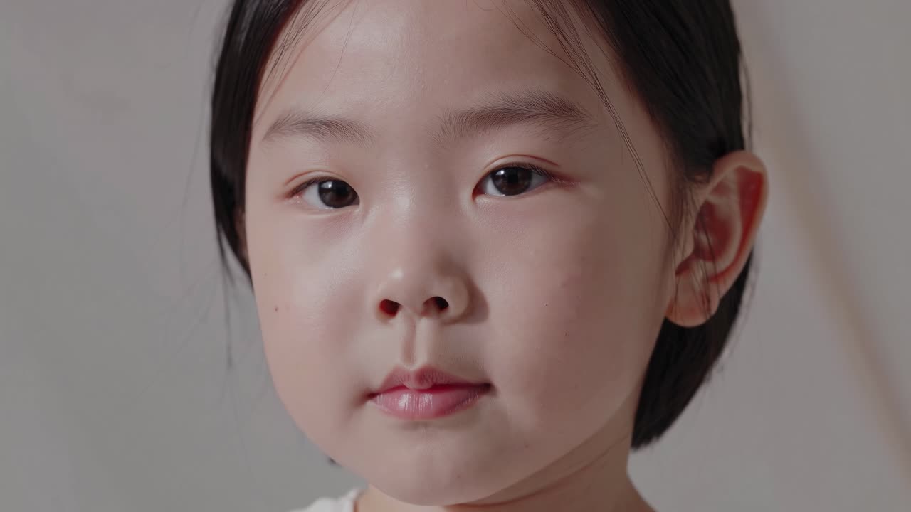 6개의 클로즈업 은 어두운 머리카락을 가진 젊은 아시아 소녀를 포착합니다. 그녀의 중립적인 표정은 밝은 회색 배경에서 카메라를 직접 바라보면서 변하지 않습니다.