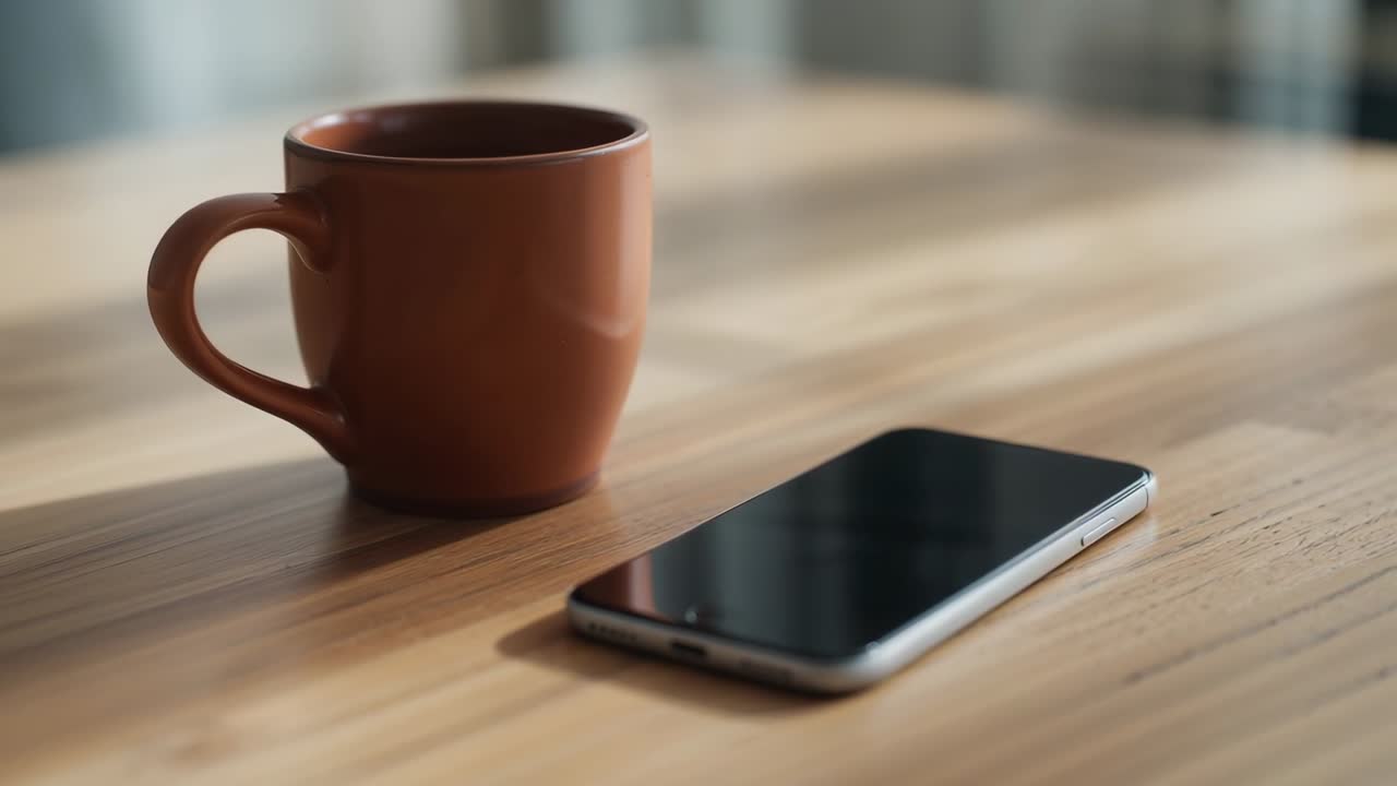 La telecamera stringe l'inquadratura mettendo a fuoco, mostrando tazza e smartphone sul tavolo per marketing.