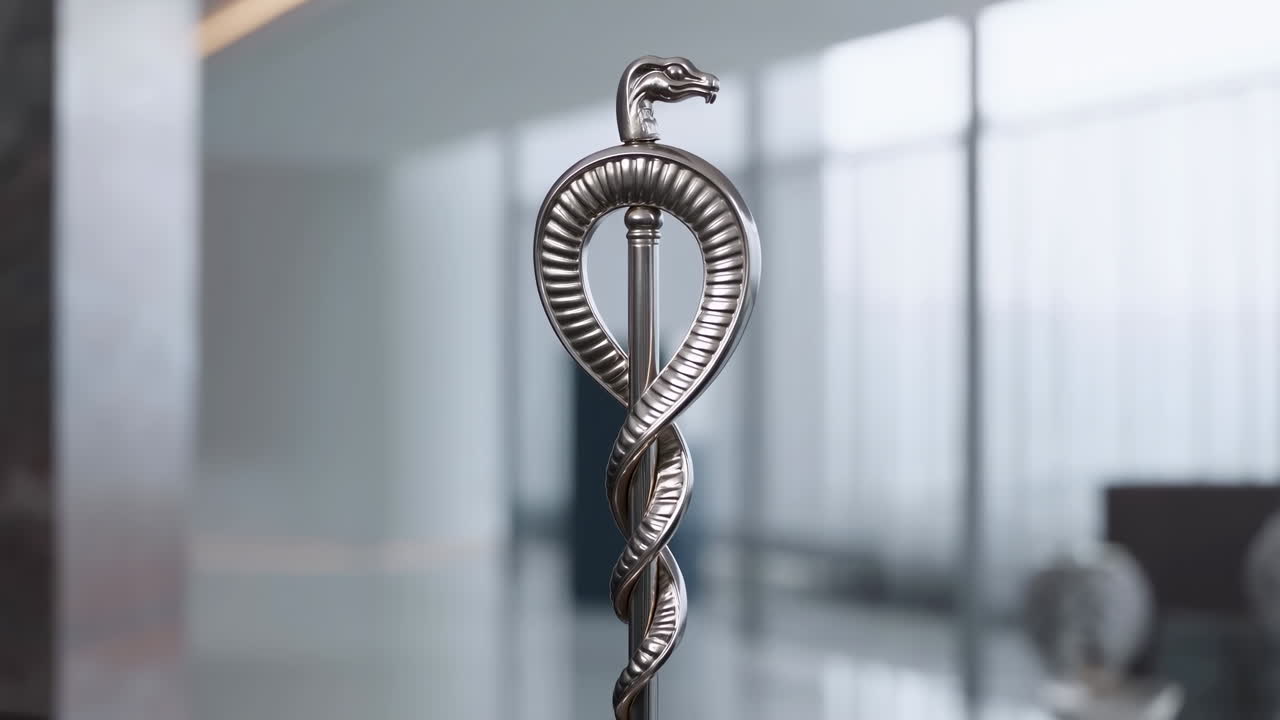 Emblem Caduceus Mengkilap di Meja Reflektif di Lobi Klinik Modern, dengan Batang Krom dan Ular Melingkar yang Tergambar
