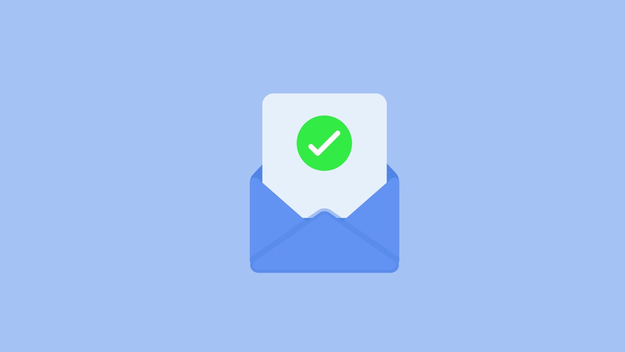 Icona di spunta verde su animazione email isolata su sfondo blu