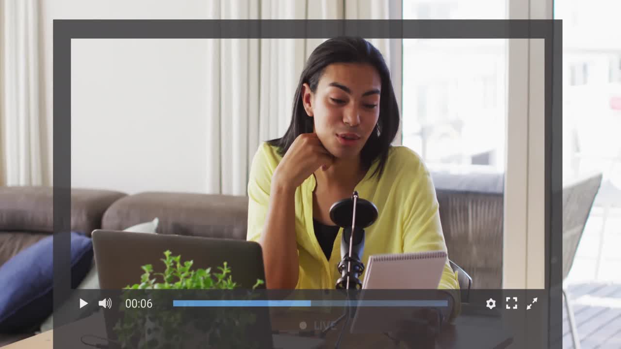 Animation of screen with digital interface over biracial woman on makeup vlog