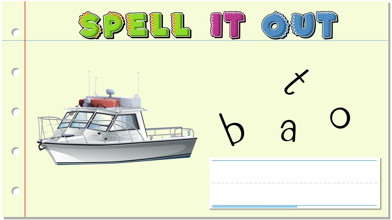 Educational animation for spelling practice with a boat image. Bright colors, playful transitions, and engaging letter arrangement
