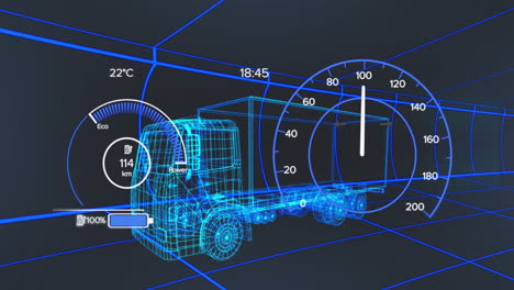 animación de la interfaz del coche sobre el camión digital en fondo negro.