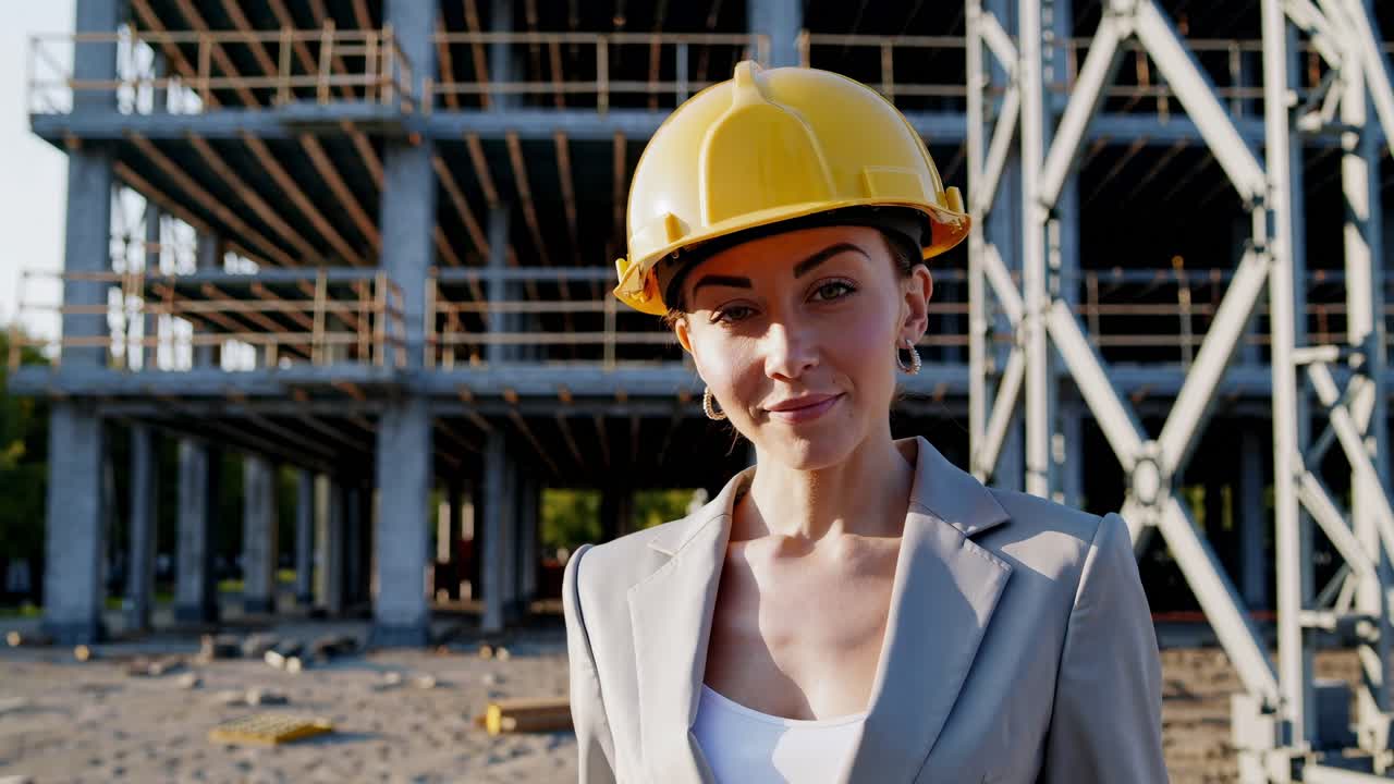 progreso de la empresa de construcción, ingeniero profesional con casco de seguridad de pie frente a la estructura del edificio en construcción