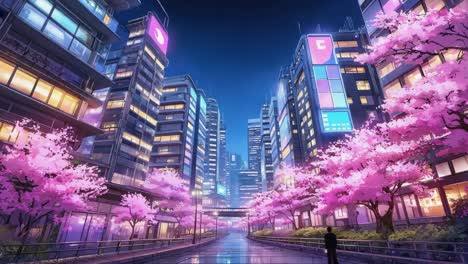 anime cityscape with cherry blossoms