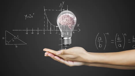 animación de una bombilla con cerebro sobre las manos de la mujer y procesamiento de datos matemáticos