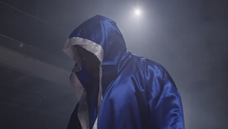 a boxer stands in the ring, hooded and ready to fight