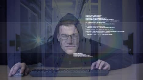 animación de un hombre encapuchado pirateando una computadora