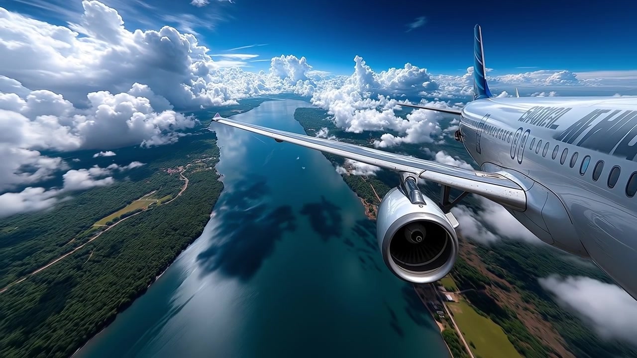 Vista aérea de grande altitude de um avião de passageiros voando sobre um rio sinuoso e paisagem costeira
