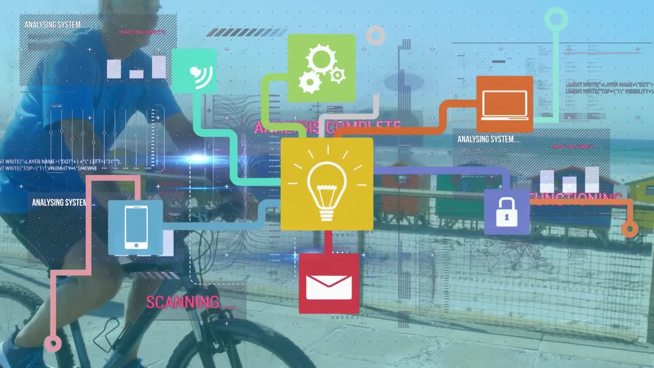 아이콘과 데이터 처리에 대한 연결 네트워크의 애니메이션 백인 남자가 자전거를 타고