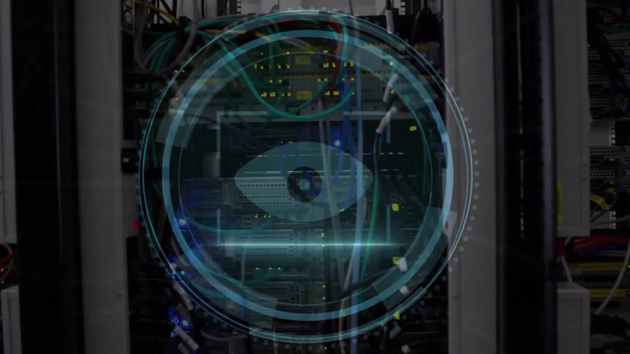 Animation of cyber security text and retina scan icon over computer server room