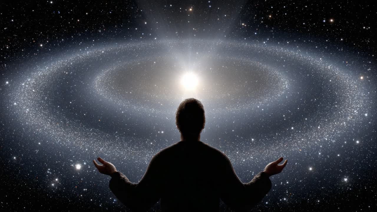 A Meditative Figure Illuminated by Cosmic Light, Surrounded by Spiraling Galaxies and Stars in an Awe-Inspiring Space Scene of Infinite Wonder and Beauty