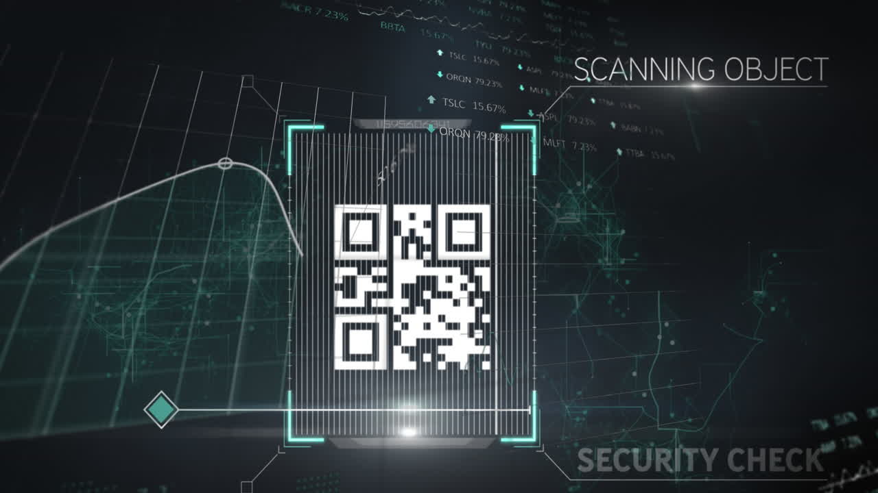Animation of qr code over scope scanning and data processing on black background