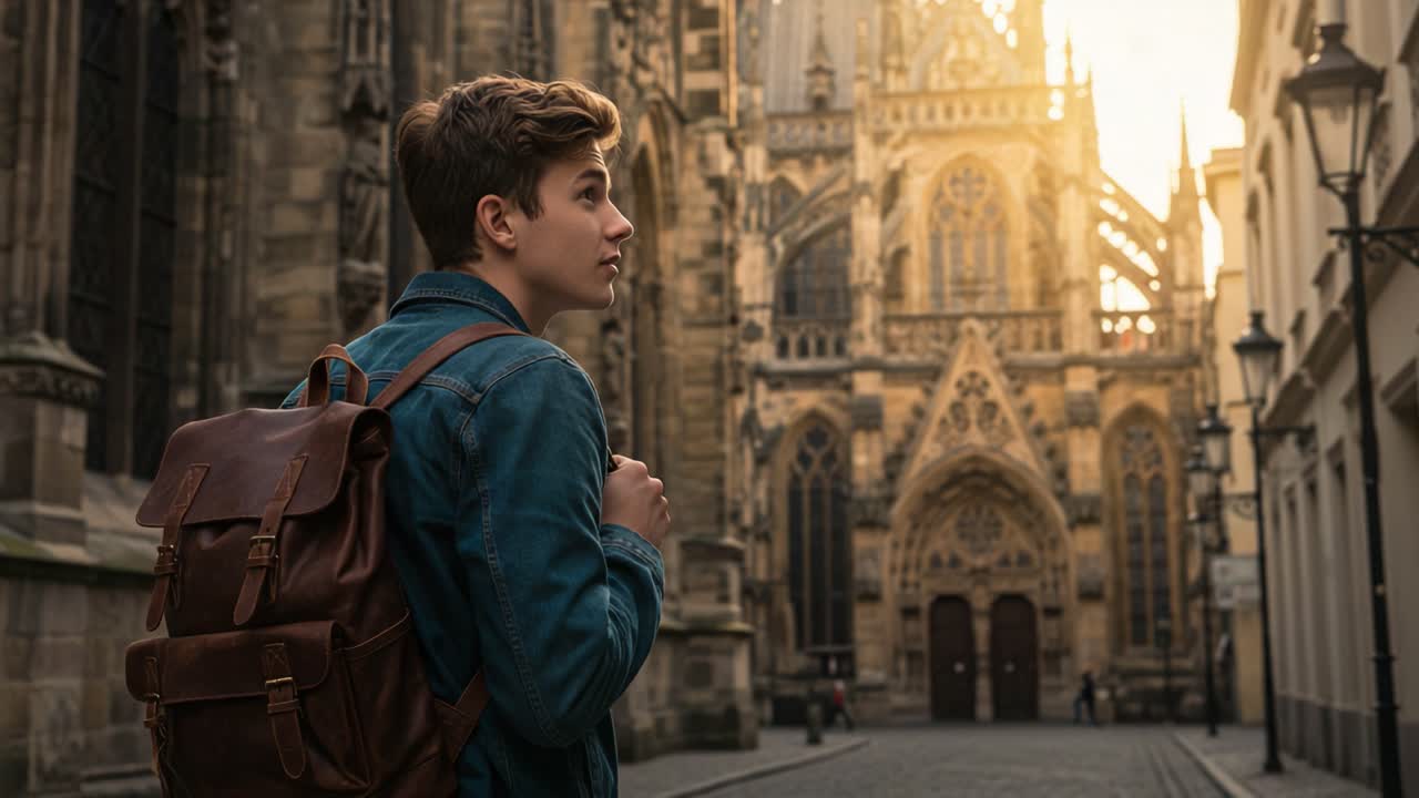 Un giovane viaggiatore contempla l'architettura antica in una strada illuminata dal sole, catturando l'essenza dell'esplorazione e della scoperta in un contesto storico.