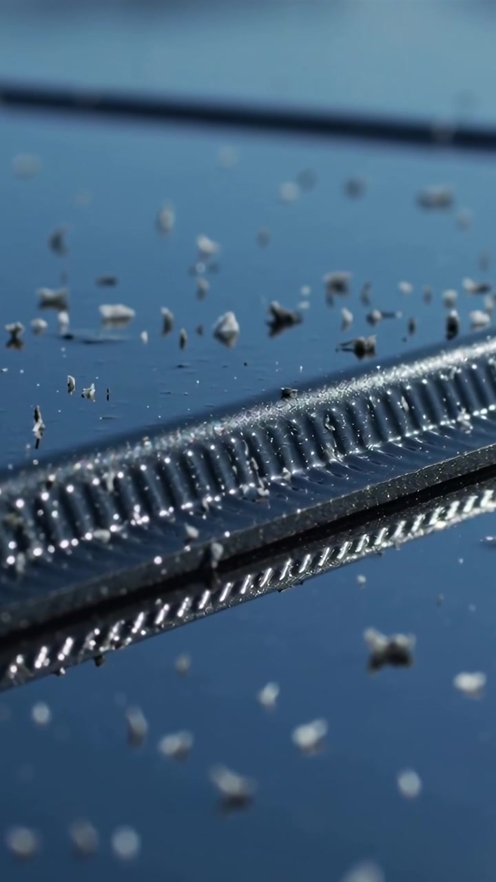 Video verticale: Mostra una spazzola del tergicristallo appoggiata sul parabrezza dell'auto, con la brezza che fa muovere i granelli di polvere.