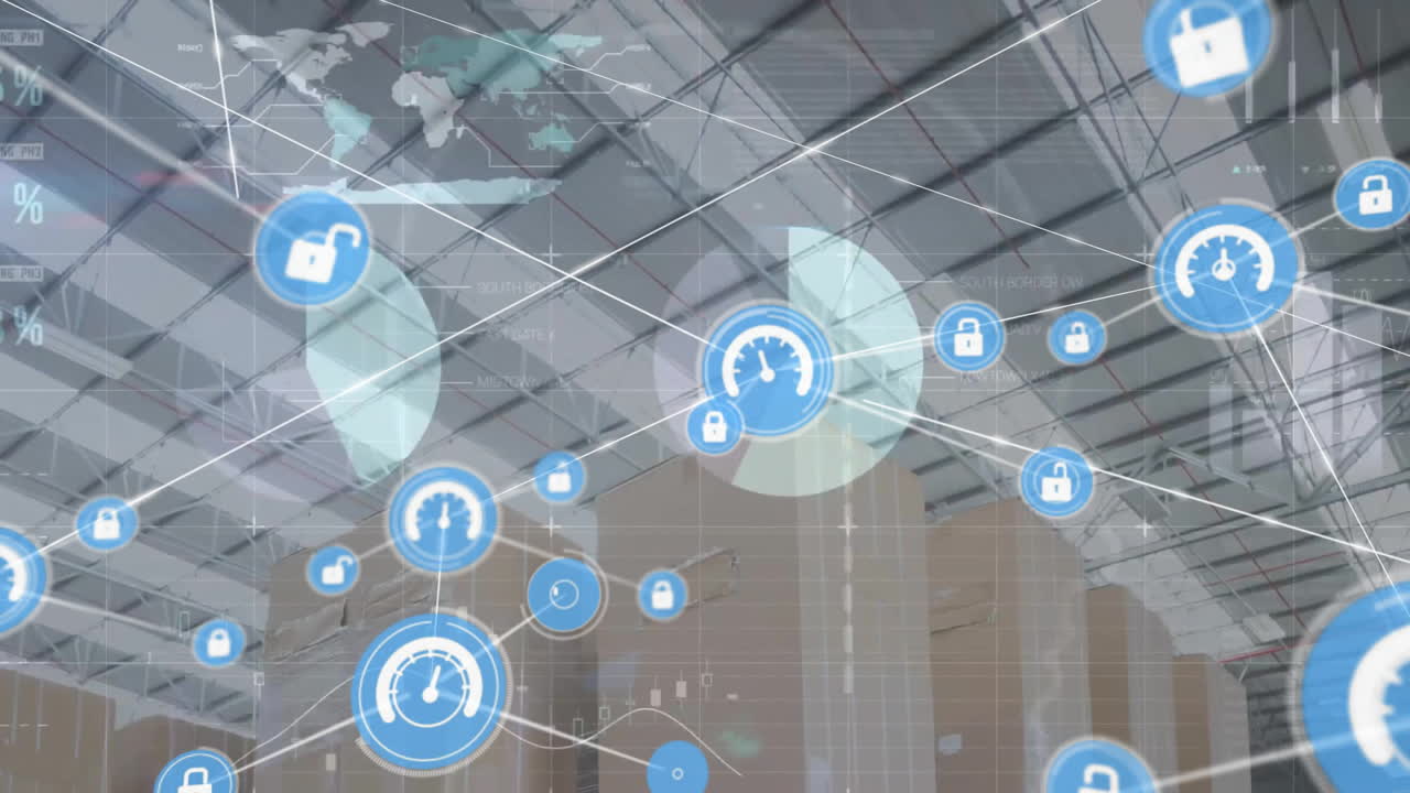 창고 위의 아이콘과 연결 네트워크의 애니메이션