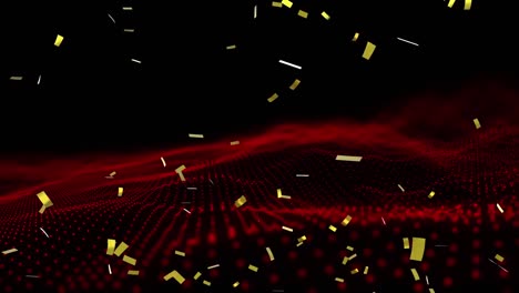 animation of gold confetti falling over undulating landscape of contoured red dots