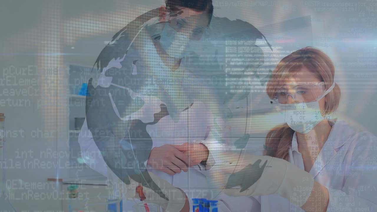 지구의 애니메이션과 실험실에서 다양한 과학자들에 대한 데이터 처리