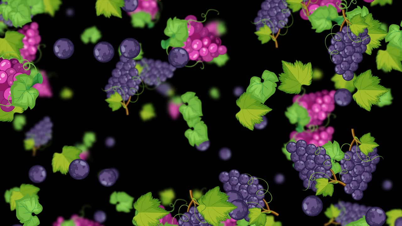 uvas y hojas cayendo contra un telón de fondo oscuro