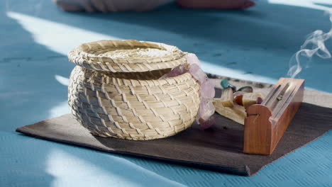 minerals for meditating and incense stick on floor