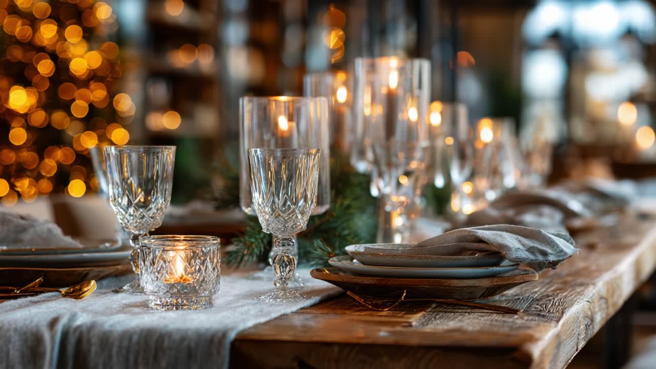 A beautifully set dining table adorned with elegant crystal glassware, soft linens, and warm candlelight, perfect for a festive celebration surrounded by twinkling lights