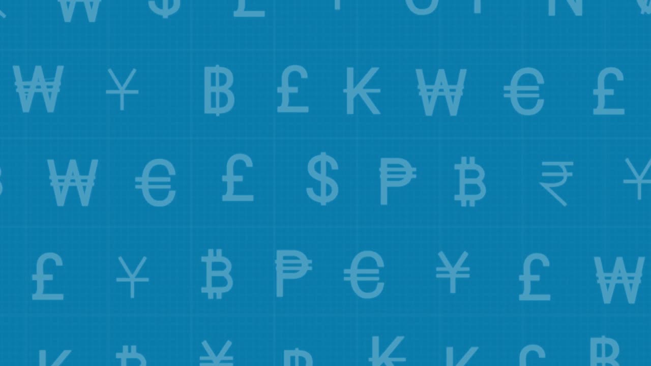 Animazione di elaborazione di dati finanziari e simboli di valuta su sfondo blu