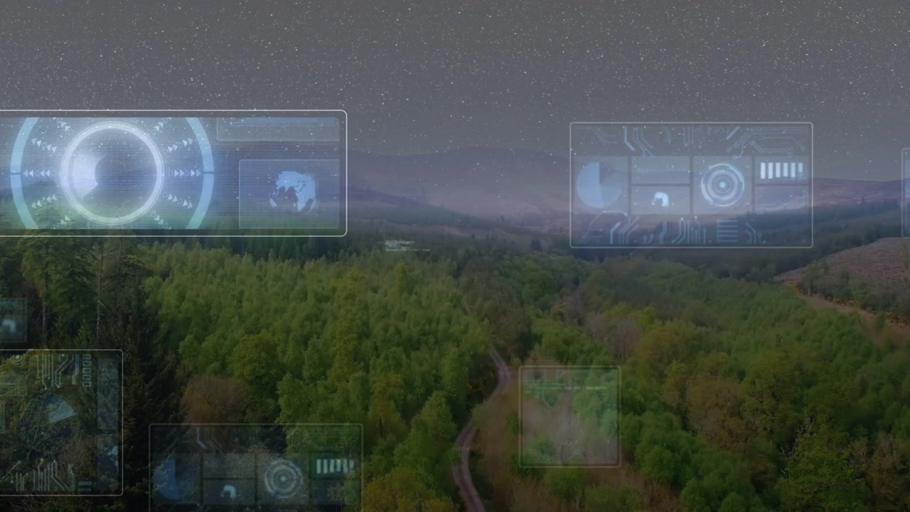 Sensor activation initiating drone scanning and projecting HUDs over forest valley for mapping