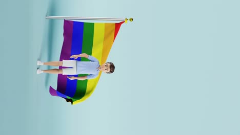 Animation-male-gay-character-standing-in-front-of-a-windy-LGBT-flag,-with-a-blue-background