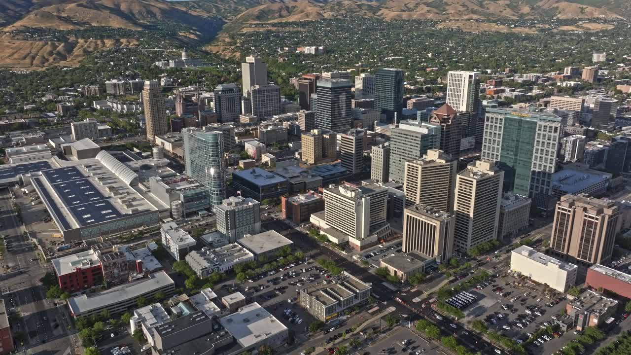 Aerial high angle shot from Salt Lake City downtown Buildings and main streets
