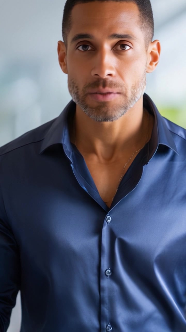 Un uomo sicuro di sé in una camicia blu navy mostra un'eleganza di stile e una presenza carismatica in un ambiente moderno, evidenziando raffinatezza e compostezza.
