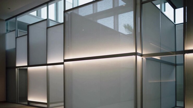 Starting camera sliding right, revealing frosted panels in atrium with metal framing and LED band