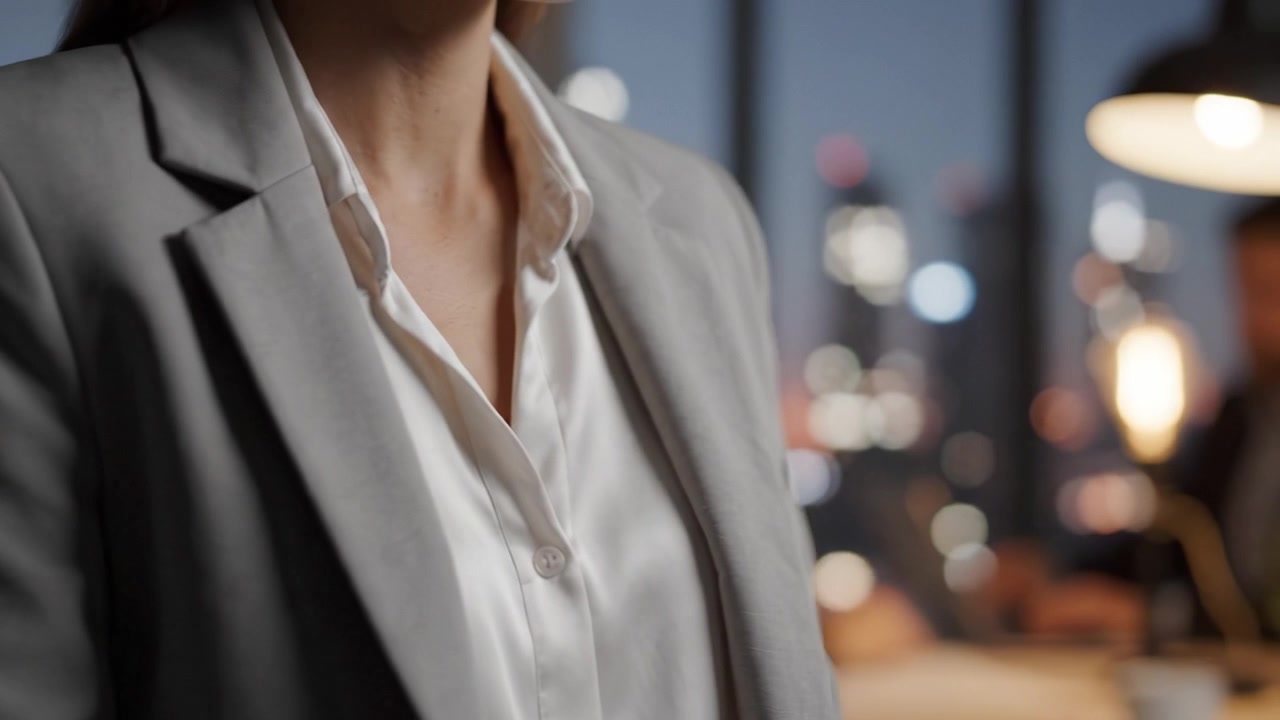 Um Profissional em Traje de Negócios Posa com Confiança em um Ambiente de Escritório Moderno, Exibindo a Atmosfera Dinâmica da Cultura Corporativa à Noite