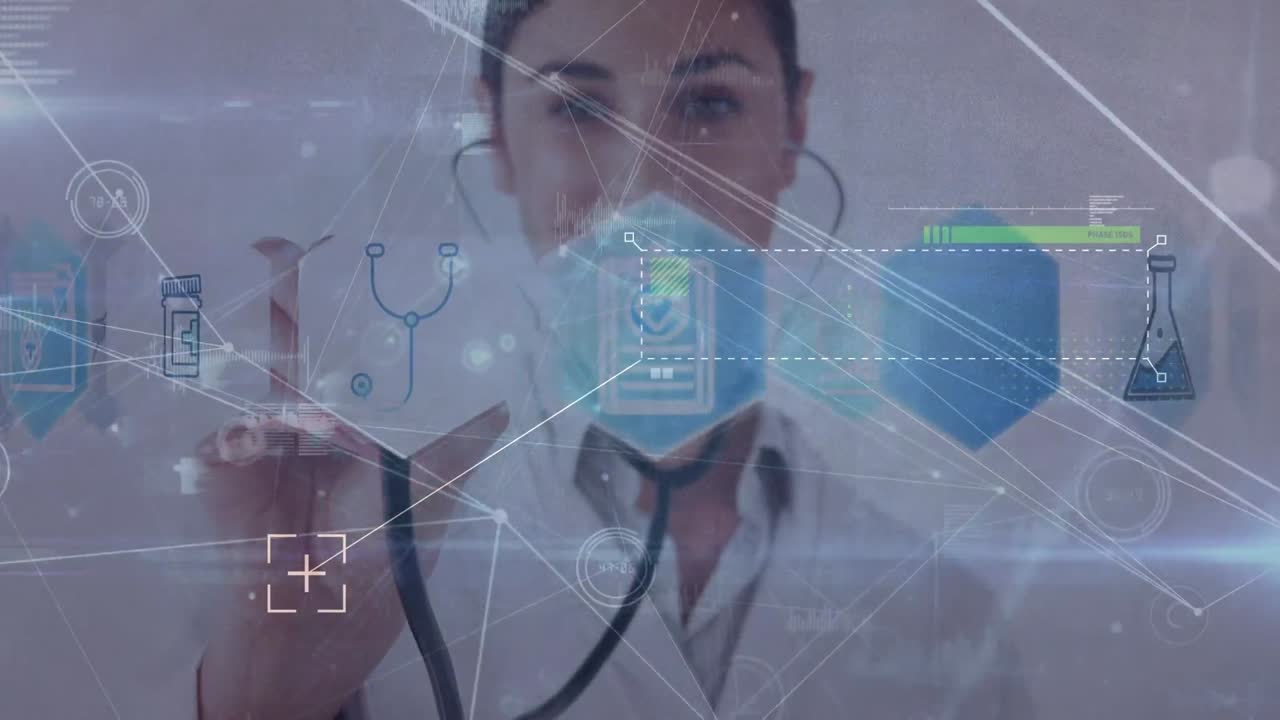 animación de la red de conexiones sobre una doctora caucásica sonriente