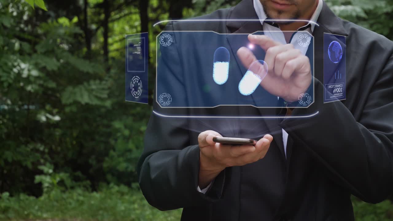 Businessman uses hologram with pills