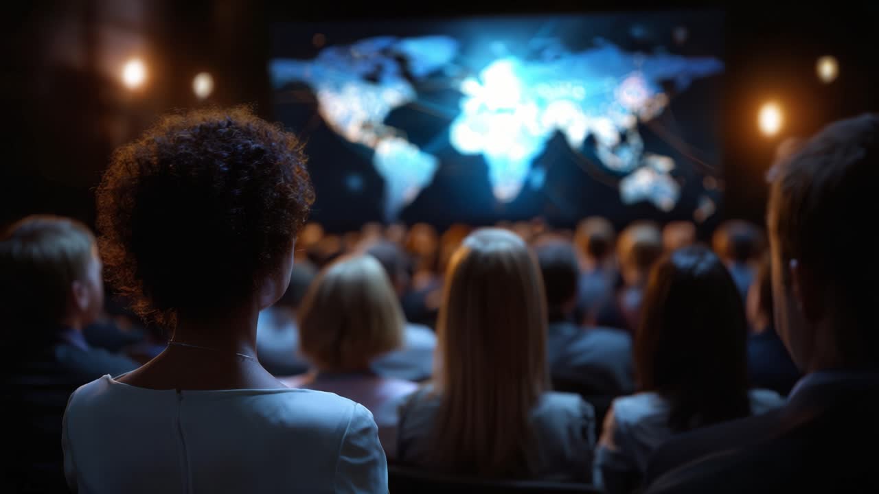 Il pubblico guarda un grande schermo con una mappa del mondo luminosa. Persone sedute in una stanza buia, concentrate sulla presentazione. La folla appare coinvolta, attenta e curiosa. Adatto per riunioni di lavoro, conferenze.